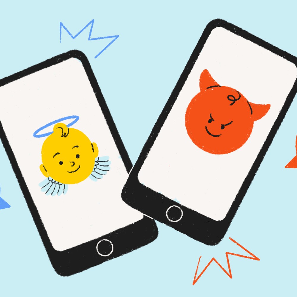 Illustrations. Deux cellulaires. Un d'entre eux affiche un emoji d'ange et l'autre d'un diable. Les cellulaires sont entourés d'emojis de pouce en bas et de pouce en haut. 