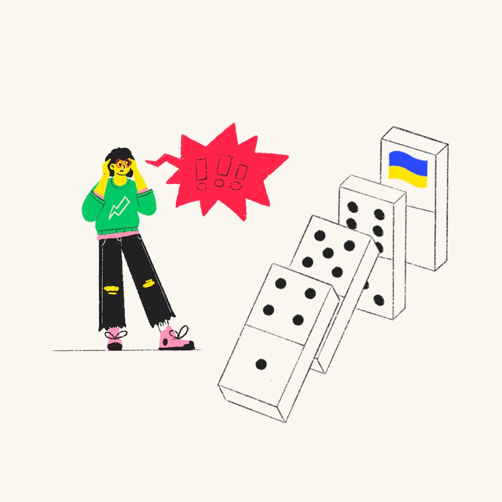 Une illustration montre un jeune personnage qui s'exclame. Une bulle avec des points d'exclamation la pointe. Elle porte des lunettes, un chandail avec un motif d'éclair, des jeans troués et des souliers de style Converse. À côté d'elle se trouve une illustration de 4 dominos, dont 2 sont en train de tomber. Sur le dernier domino, il y a le drapeau de l'Ukraine.