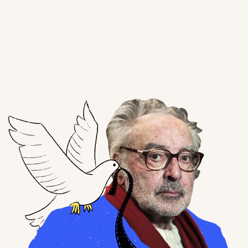 Jean-Luc Godard porte des lunettes et regarde la caméra. En surimpression, sur son épaule, une illustration d'une colombe qui tient une pellicule de film dans son bec. 