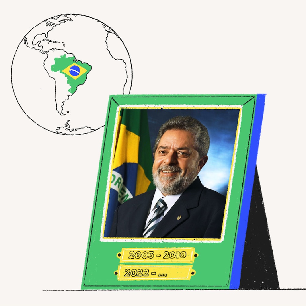 Une illustration d'une planète, avec le drapeau du Brésil dans l'espace qu'occupe le pays. Devant la planète, une illustration de cadre dans lequel se trouve la photo de Lula. Sur ce cadre, une plaque qui dit 2003-2010 et une autre qui dit 2022 - ...