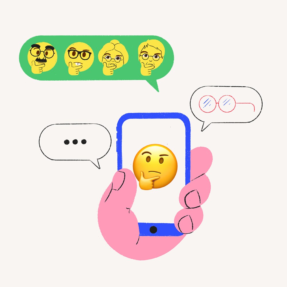 Illustration d'une main qui tient un téléphone. Dans l'écran du téléphone, un emoji qui exprime le scepticisme. Deux bulles de texte sont de chaque côté du téléphone. La première envoie un message de lunettes. La deuxième contient "...", pour signaler un message en train d'être écrit. Une troisième bulle de texte, plus en hauteur, contient 4 emojis avec des lunettes, la main sur le menton, comme l'emoji sceptique.