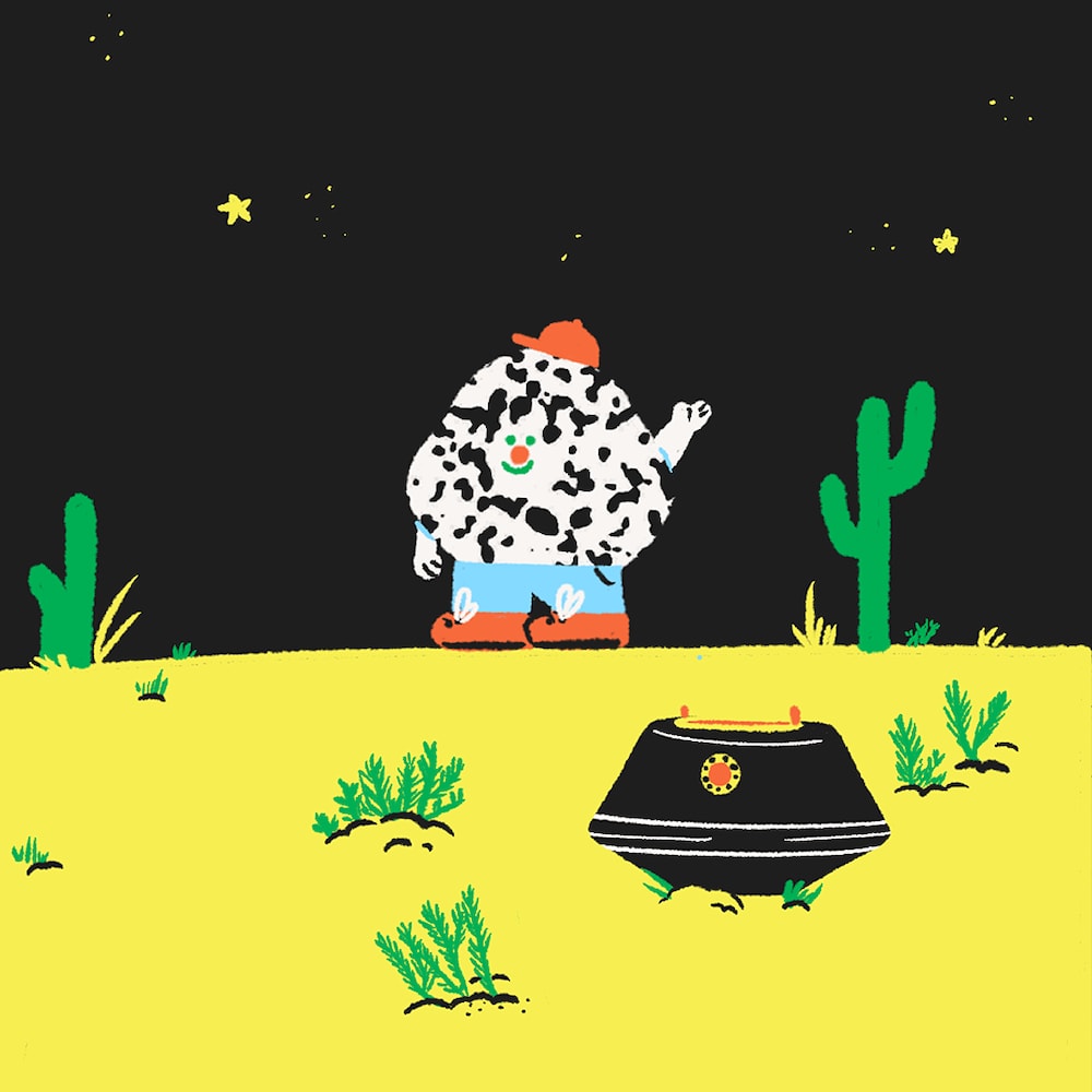Une illustration d'un bonhomme astéroïde dans un désert à côté d'une sonde.