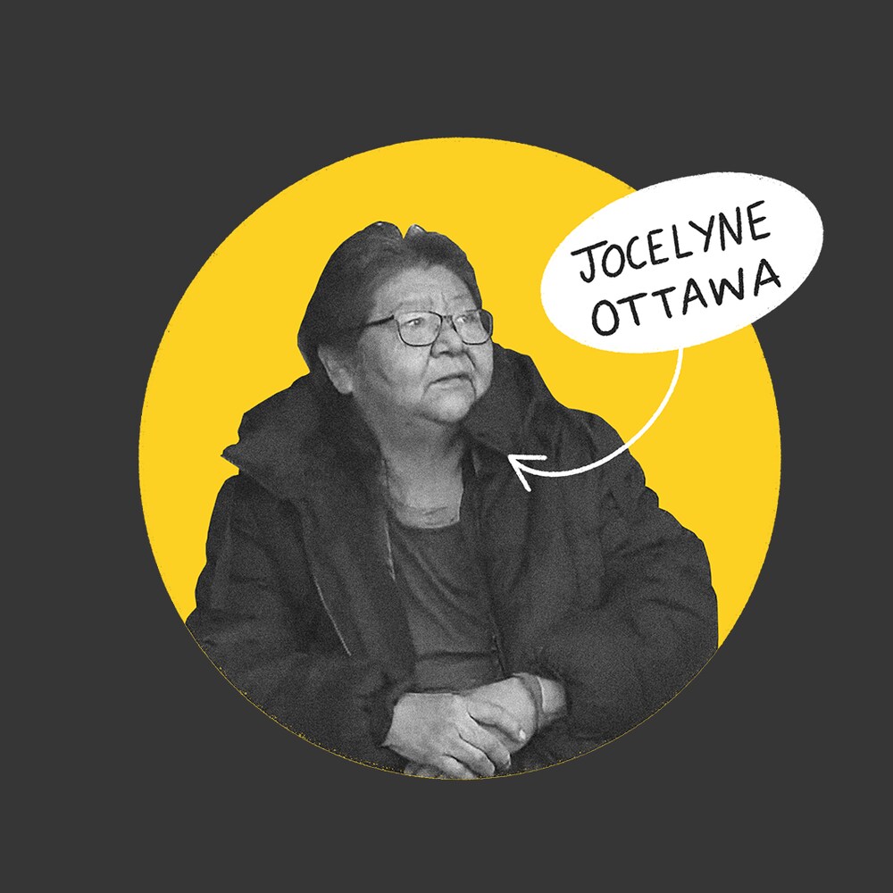Montage visuel de Jocelyne Ottawa en noir et blanc devant un fond jaune.