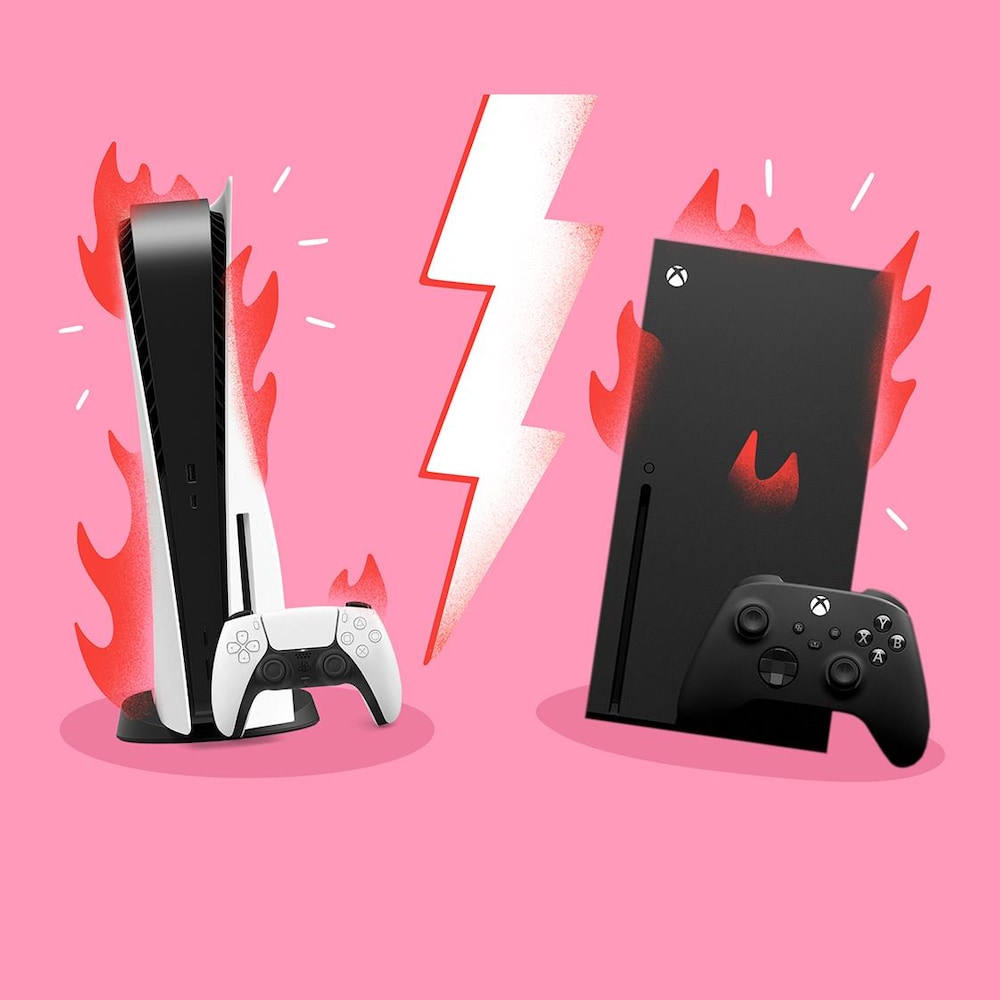 Illustration d'une PS5 et d'une Xbox X séparées par un éclair.