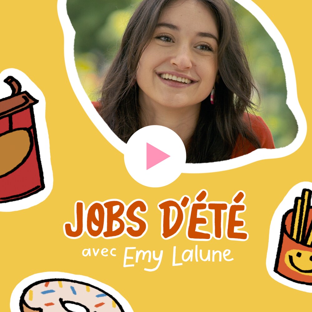 Emy Lalune sourit derrière un kiosque de limonade, entourée par des illustrations de plats fast-food et le bouton Jouer.