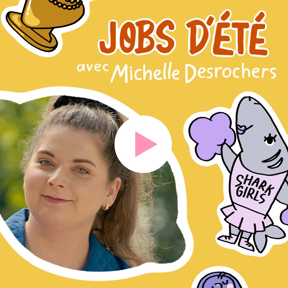 Michelle Desrochers sourit derrière un kiosque de limonade, entourée par des illustrations de bébés, d'un ballon et d'un requin-fille. 