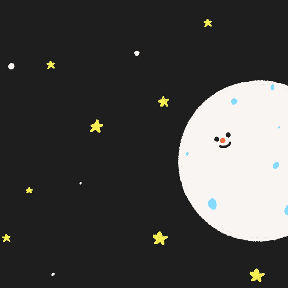 Une illustration de la lune qui sourit dans un ciel étoilé