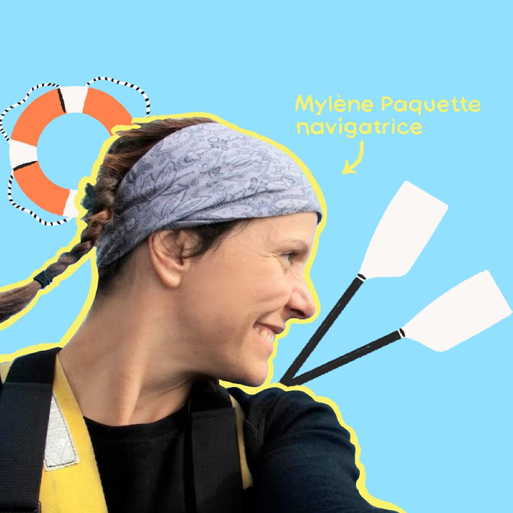 Une photo d'une femme qui porte un gilet de sauvetage et sourit, à côté d'illustrations de rames, des vagues et un voilier et les mots "Mylène Paquette, navigatrice".
