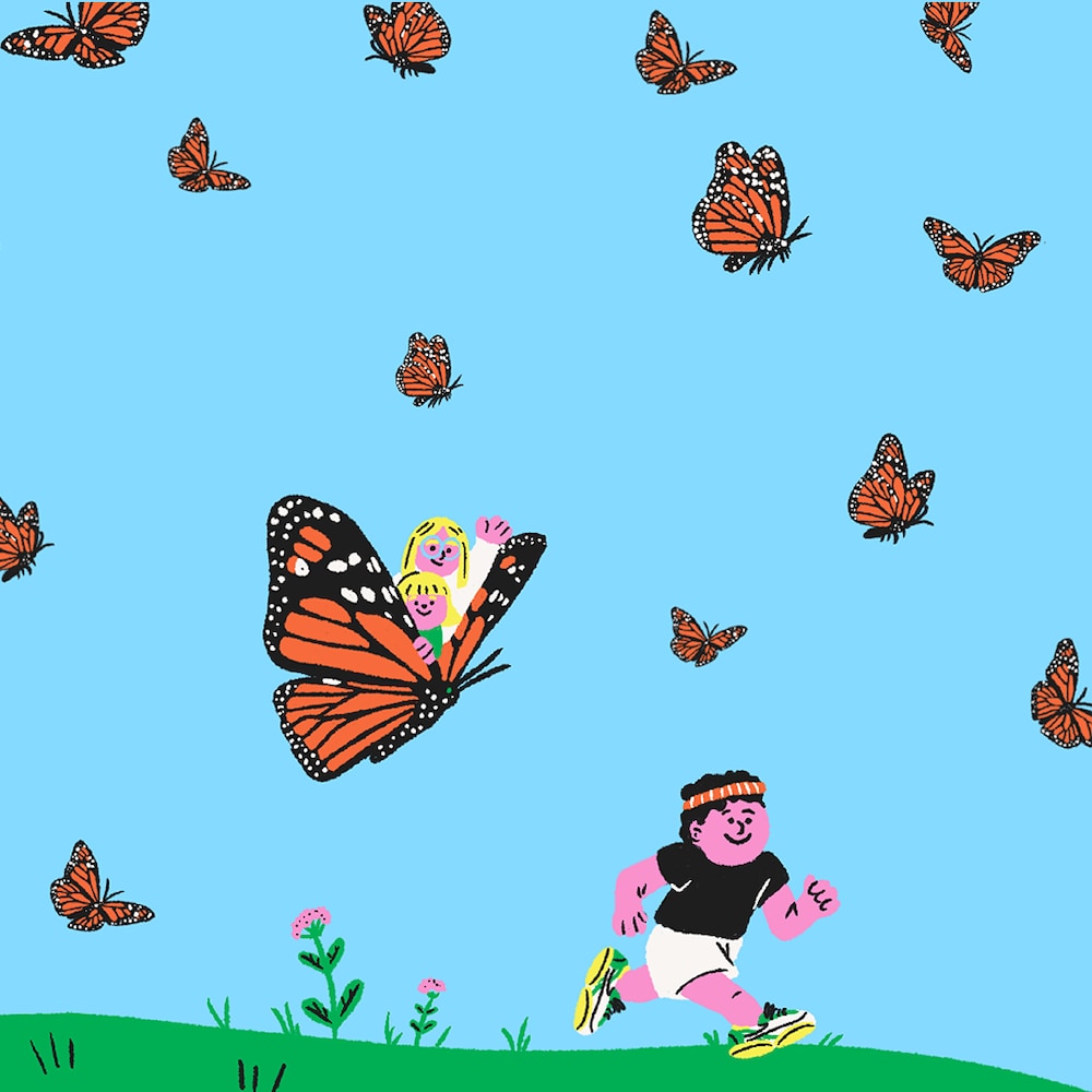 Une illustration d'un homme qui court, entouré de papillons monarques. Le plus grand papillon transporte une femme et une fille.