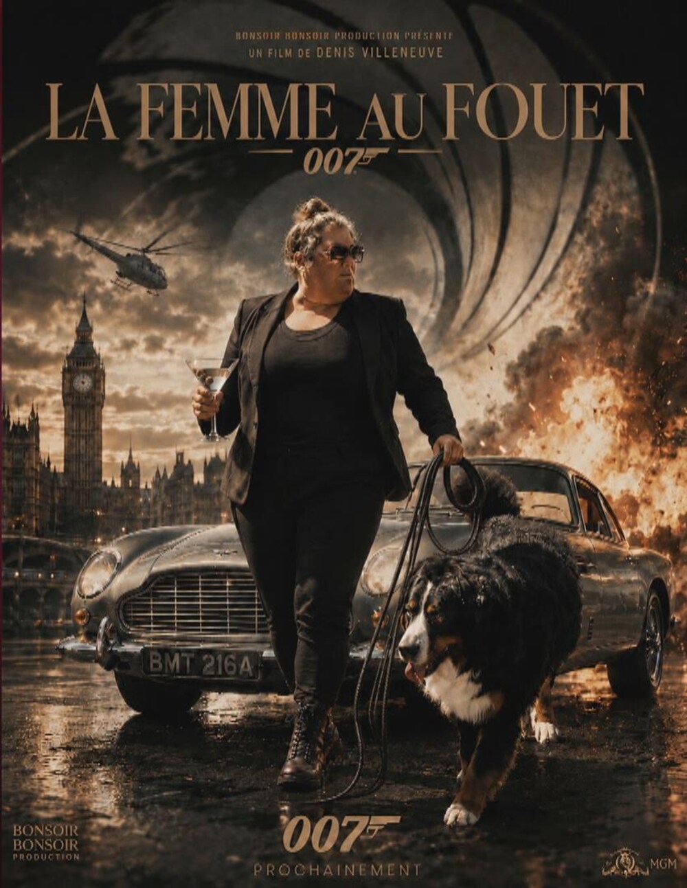 La production est encore jeune Un montage montrant une fausse affiche d'un film de James Bond avec Christine Morency tenant un fouet et un chien en laisse.