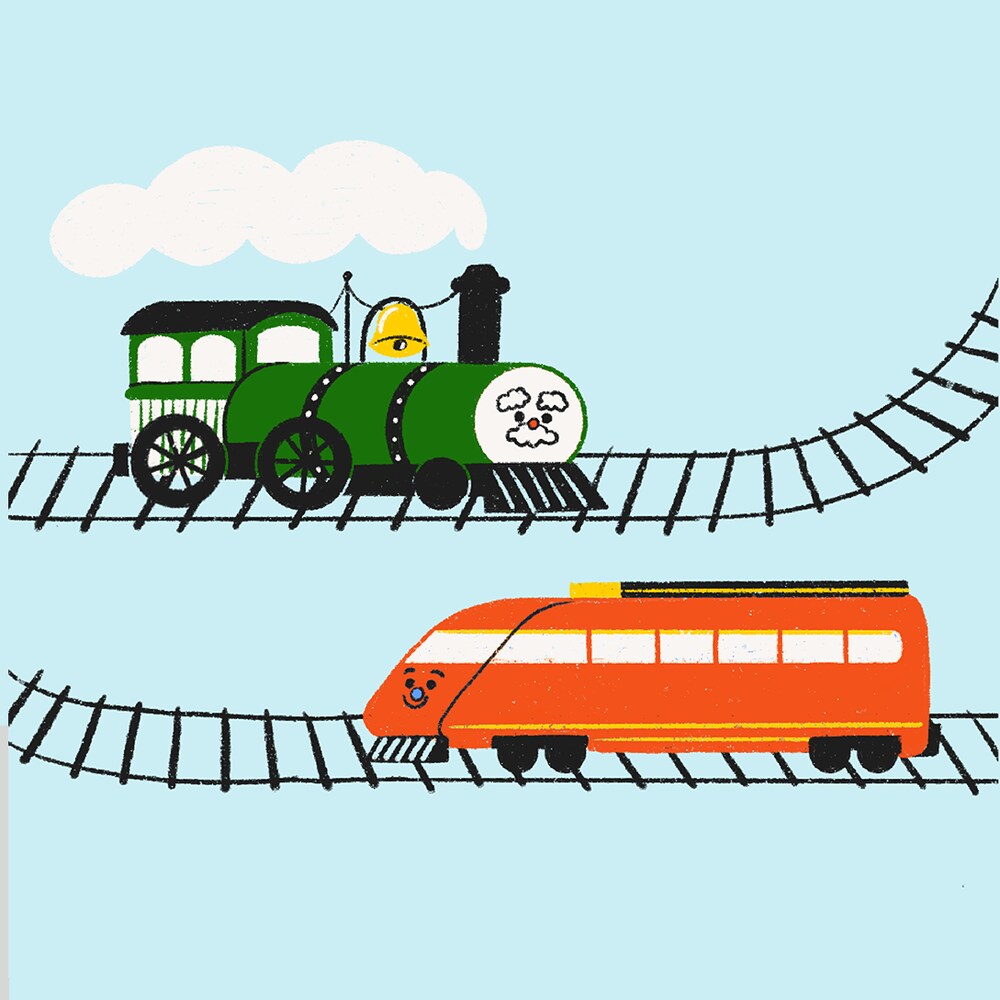 Illustration d'une locomotive à vapeur et d'un train moderne.