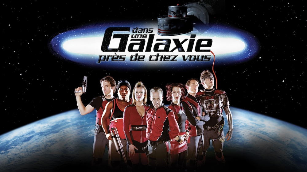 Visuel promotionnel du film Dans une galaxie près de chez vous avec Guy Jodoin, Stéphane Crête, Claude Legault, Sylvie Moreau, Didier Lucien, Mélanie Maynard et Réal Bossé.