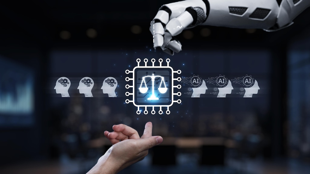 Una imagen en la que se ven una mano robótica y una mano humana extendidas hacia el símbolo de la balanza de la justicia, que ilustra el encuentro entre la inteligencia artificial y las consideraciones éticas.