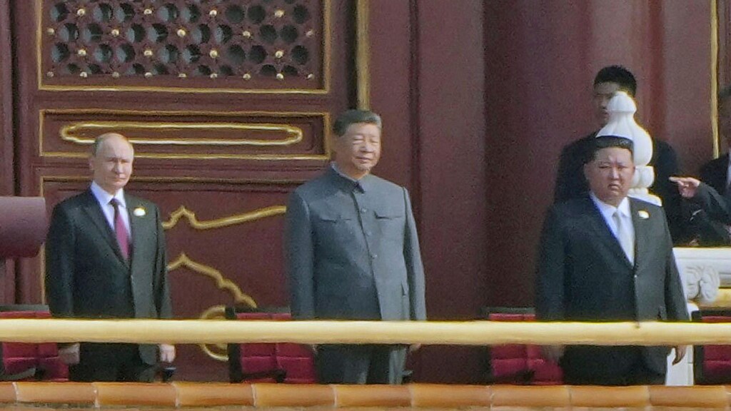 Front from left, Russian President Vladimir Putin, Chinese President Xi Jinping and North Korean leader Kim Jong Un attend a military parade to commemorate the 80th anniversary of Japan's World War II surrender in Beijing, China, Wednesday, Sept. 3, 2025. (Kyodo News via AP)