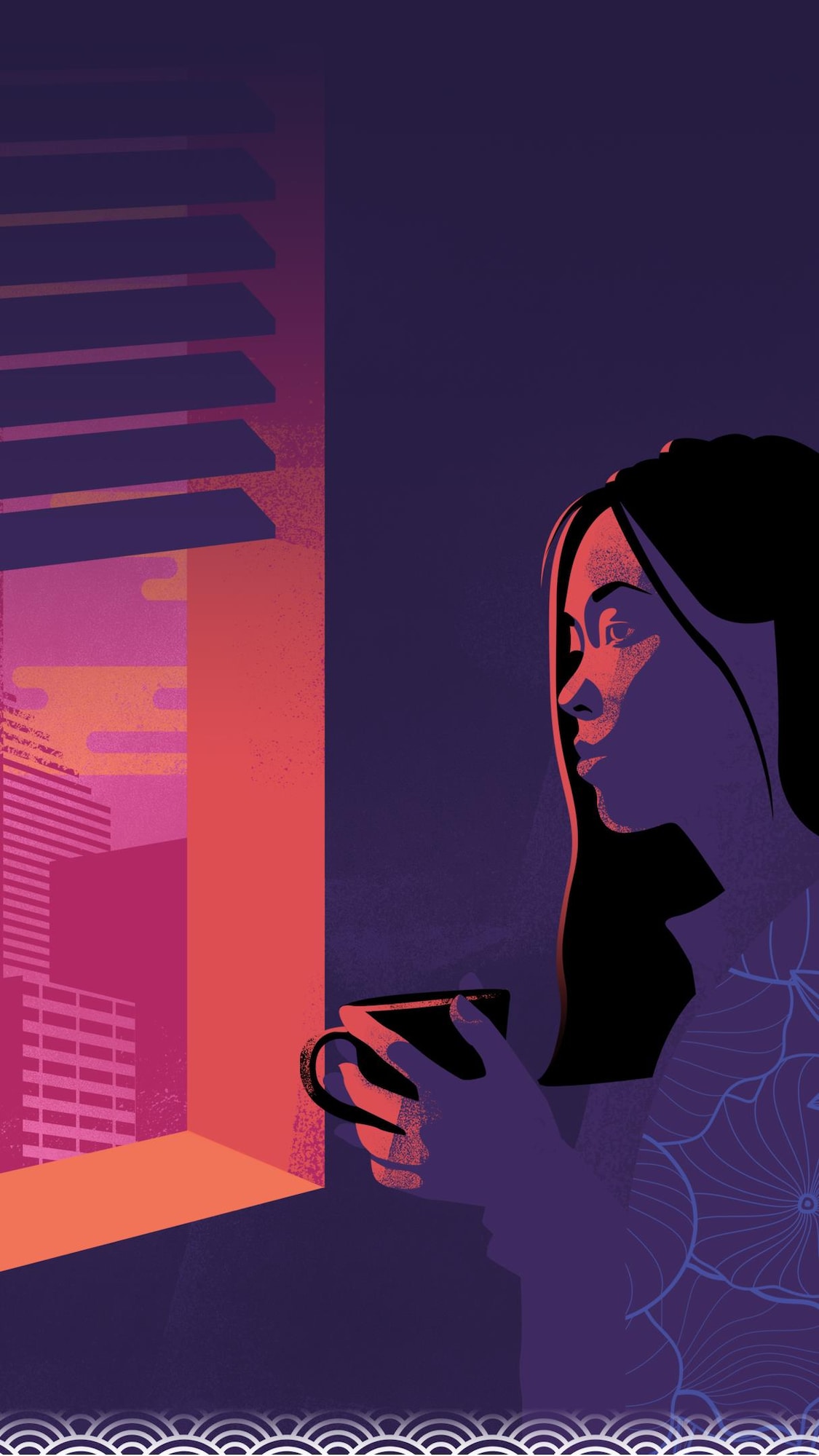 Illustration d'une jeune femme seules qui regarde par la fenêtre d'un air mélancolique avec une tasse à la main.