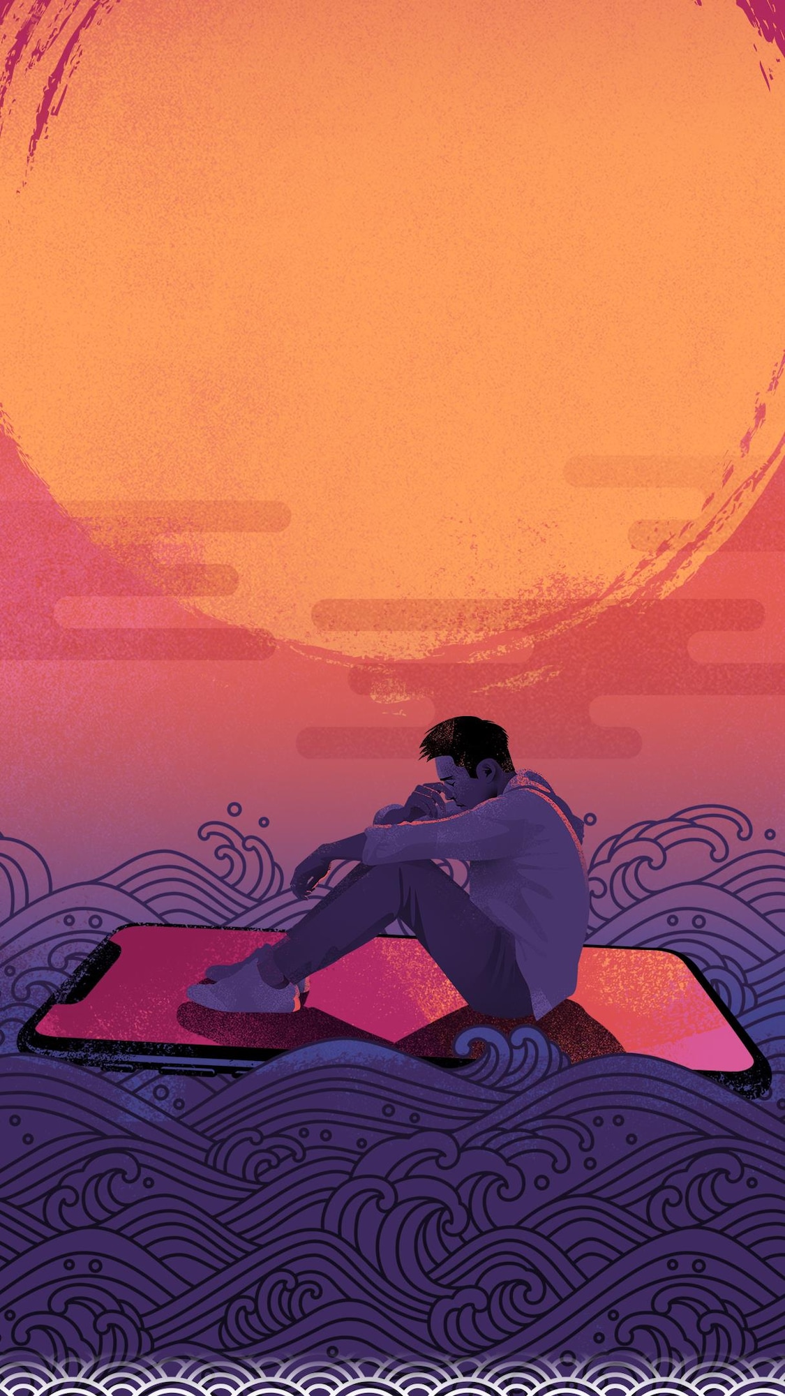 Illustration d'un jeune homme seul et désespéré devant un soleil levant assis sur un téléphone géant qui lui sert de radeau dans une mer mouvementée.