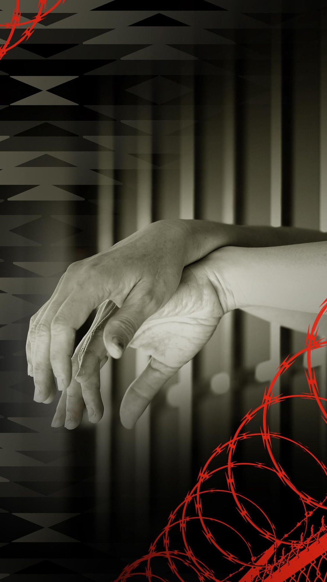 Une illustration de barbelés devant des bras d'une prisonnière passés entre les barreaux d'une cellule.