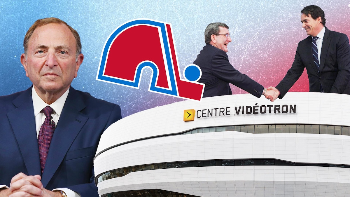Montage photo du Centre Vidéotron, du logo des Nordiques, de Gary Bettman et de l'ex-maire de Québec Régis Labeaume en compagnie de Pierre Karl Péladeau.