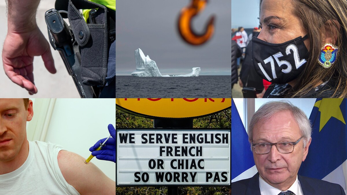 Montage de vignettes illustrant six dossiers : la police, le changement climatique, les droits des Premières Nations, la santé publique, les droits linguistiques et la politique provinciale.