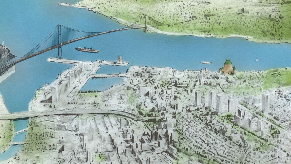 Illustration du pont imaginé dans les années 70, qui partait du Bassin Louise et se rendait sur la Rive-Sud. 