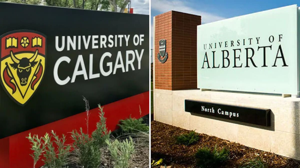 Montage photo des panneaux d'accueil de l'Université de Calgary (à gauche) et de l'Université de l'Alberta (à droite).
