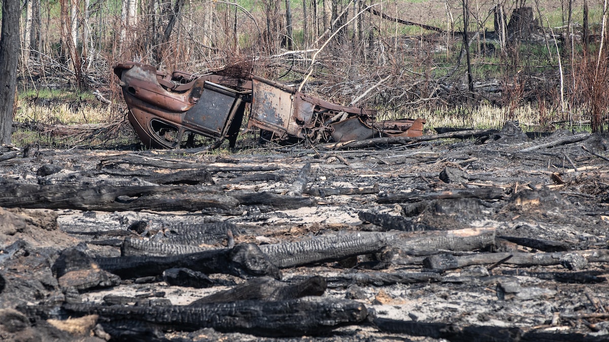 Une vieille voiture renversée repose dans un boisé carbonisé par un récent feu de forêt dans les environs de Drayton Valley, en Alberta, le mercredi 17 mai 2023.