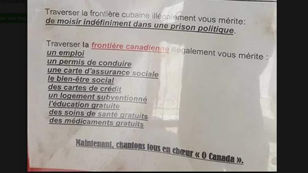 On voit une affiche qui contient de fausses informations à propos de l'immigration dans plusieurs pays, dont au Canada. 