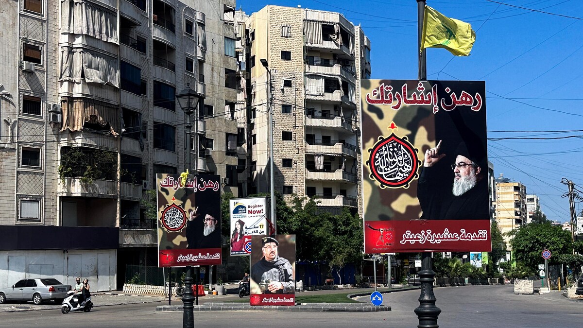 Des affiches du chef du Hezbollah libanais, Sayyed Hassan Nasrallah.