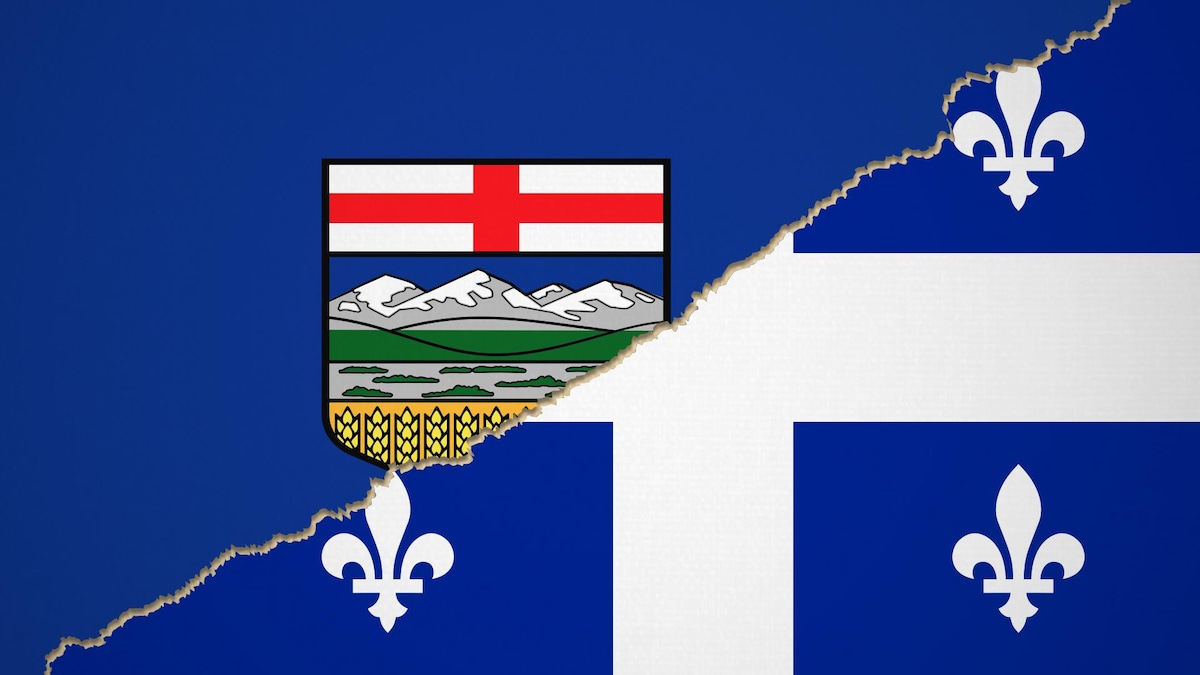 Les drapeaux de l'Alberta et du Québec juxtaposés.