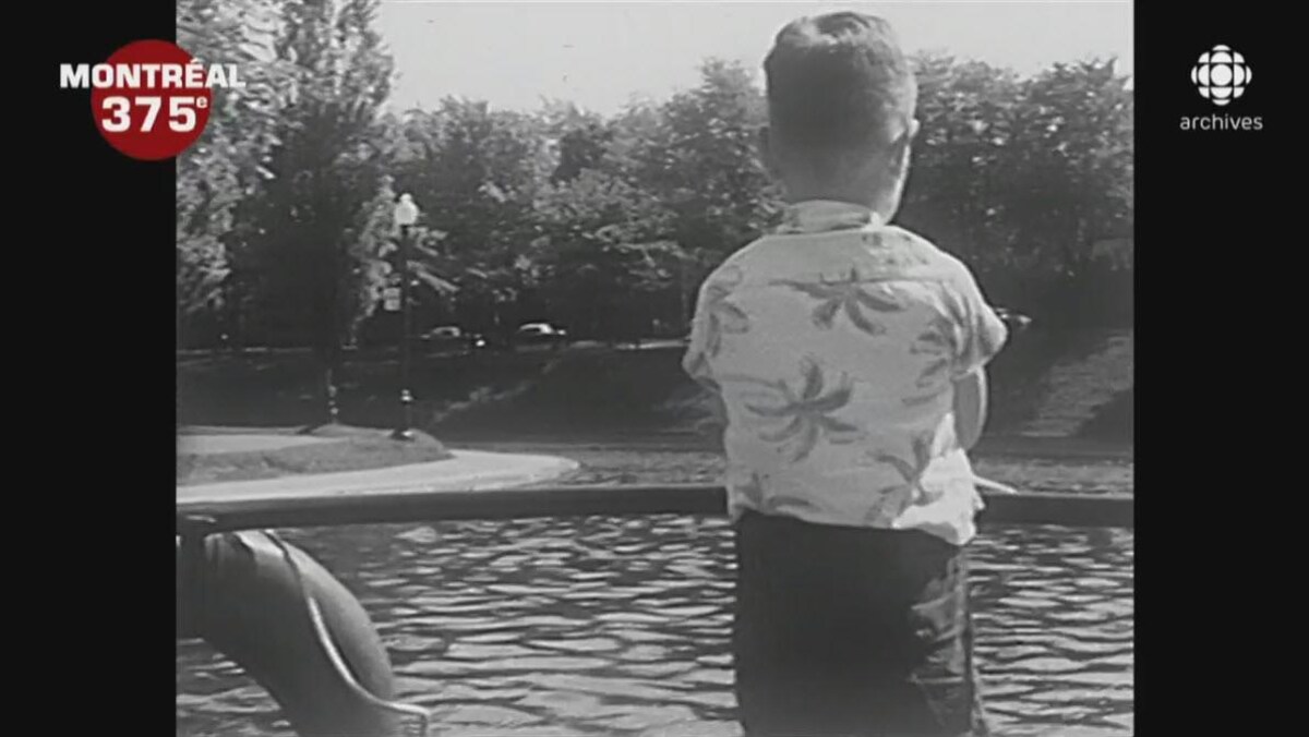 De dos, un garçon regardant vers la rive du parc La Fontaine, à bord d'un bateau