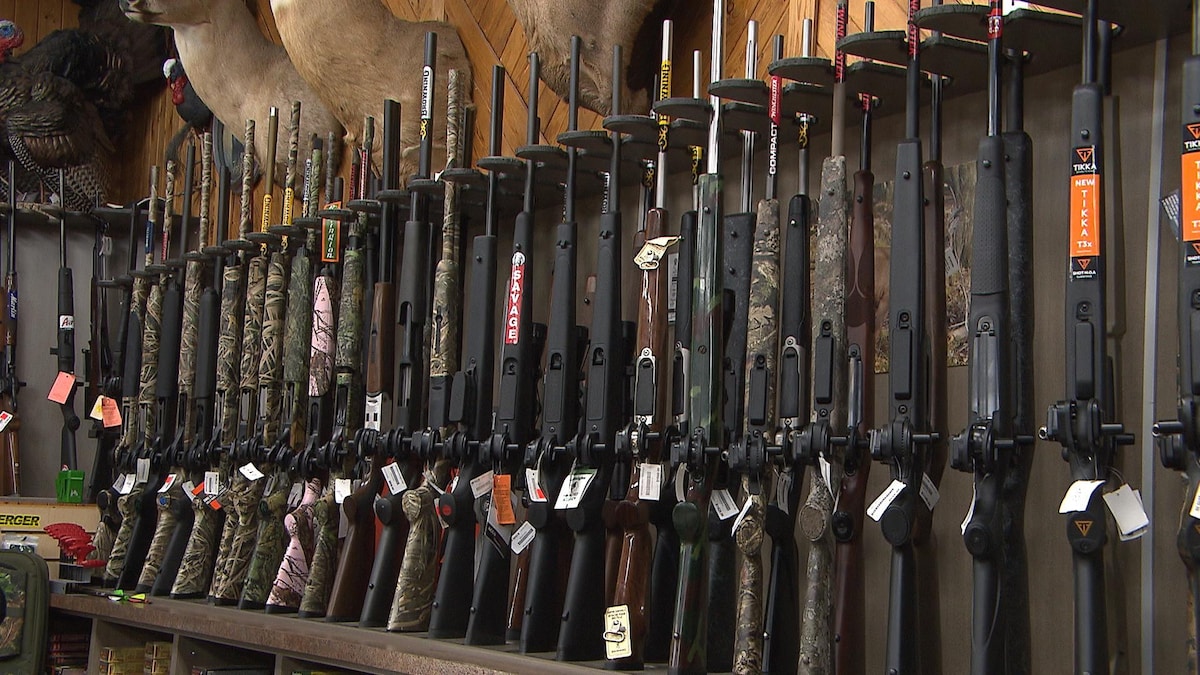 Des armes de chasse disposées en ranger et à la verticale dans une boutique de chasse et pêche. 