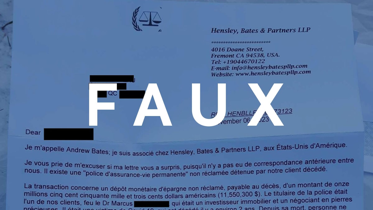 Une lettre d'avocat. Le mot «FAUX» est superposé sur l'image.