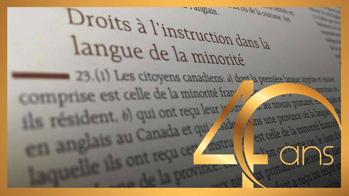 Une partie du texte de l'article 23 sur les droits à l'instruction dans la langue de la minorité sur lequel est superposé à un logo de 40 ans.