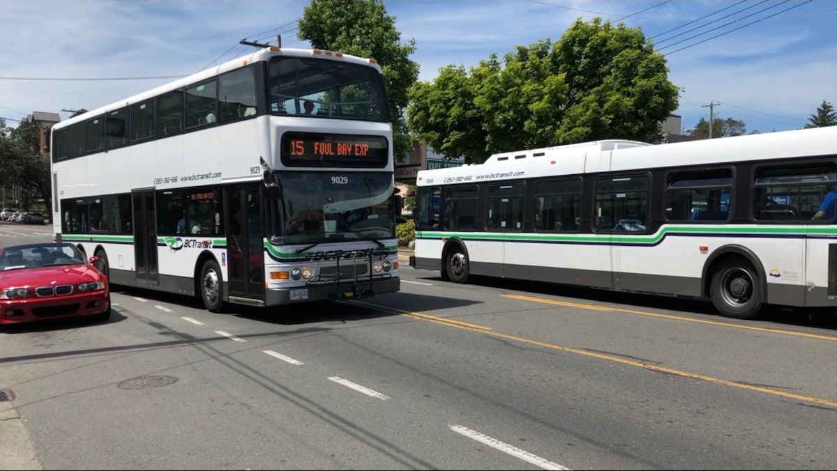 Deux autobus à Victoria, en Colombie-Britannique.