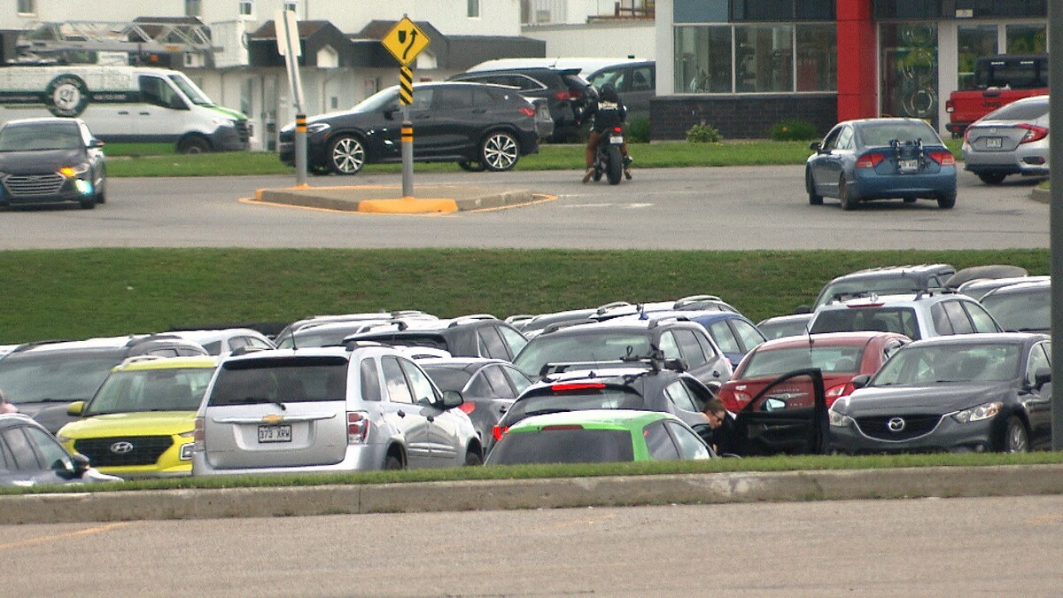 Plusieurs rangées de voitures sont dans un stationnement à Rimouski. 