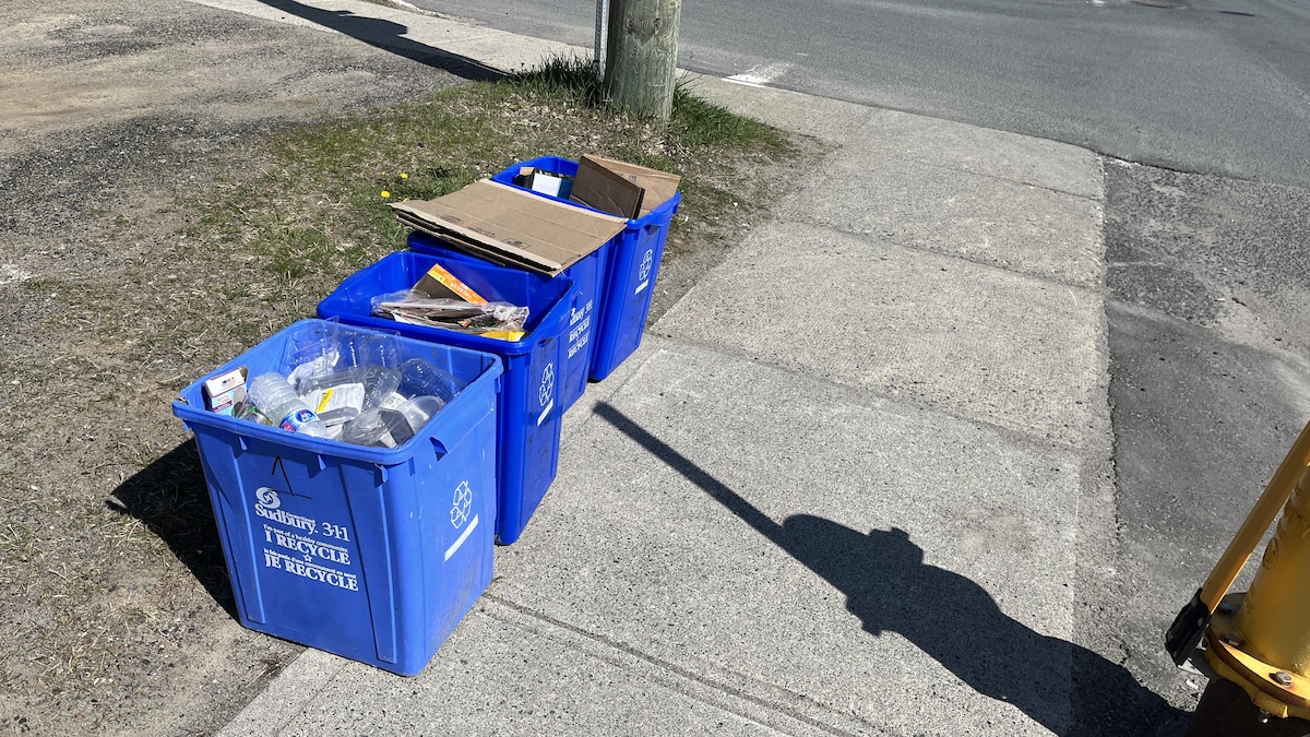 Des boîtes bleues remplies de matières recyclables.