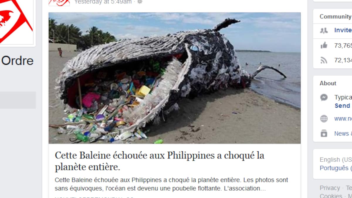 Capture d'écran d'une publication Facebook montrant une campagne de Greenpeace contre la pollution marine.