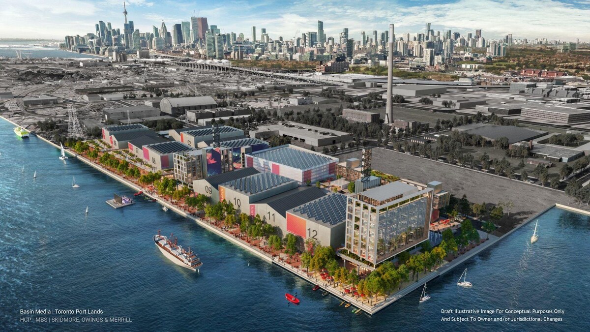 Vue aérienne de futur Basin Media Hub sur la rive du lac Ontario.