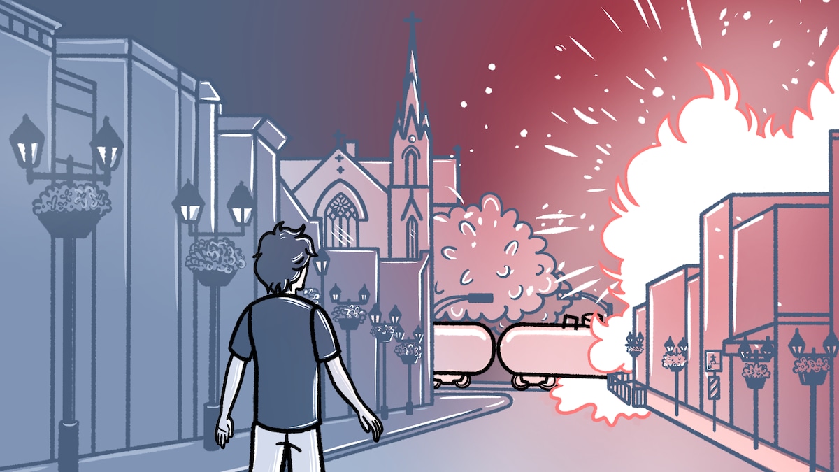 Un dessin de la bande dessinée lorsque le train explose au centre-ville.