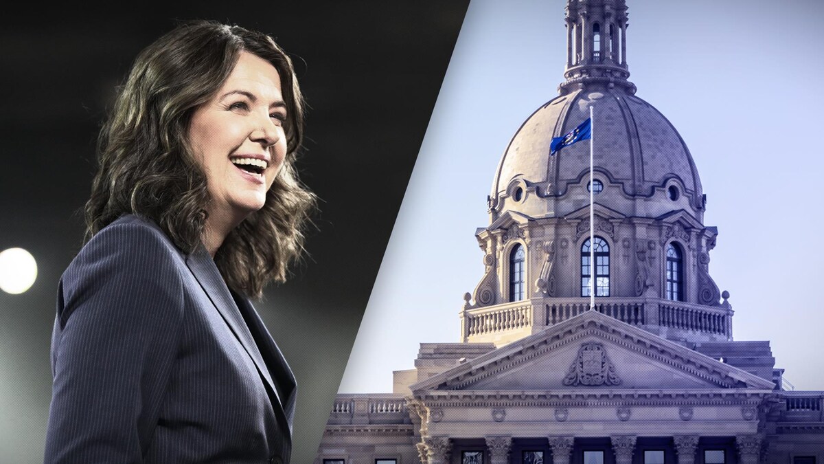 Photomontage comprenant Danielle Smith qui sourit et le bâtiment de l'Assemblée législative de l'Alberta.