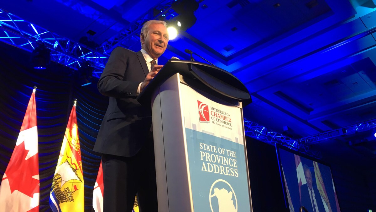 Blaine Higgs prononce le discours sur l'État de la province à Fredericton, le 31 janvier 2019.