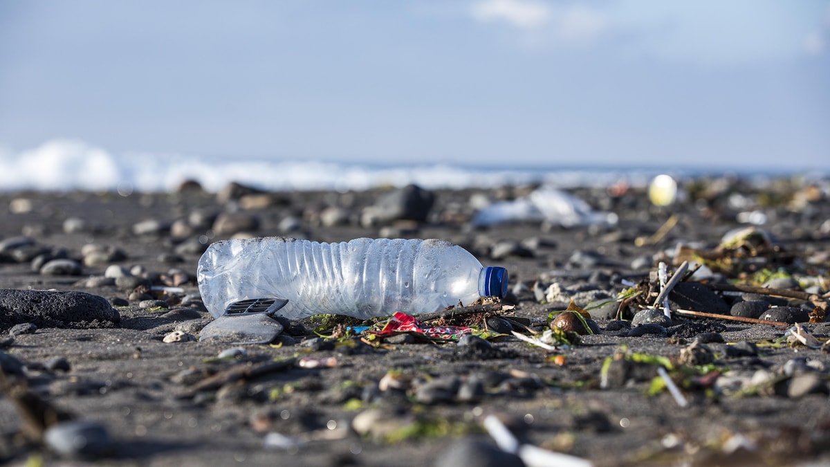 Une bouteille d'eau en plastique parmi les ordures sur une plage.