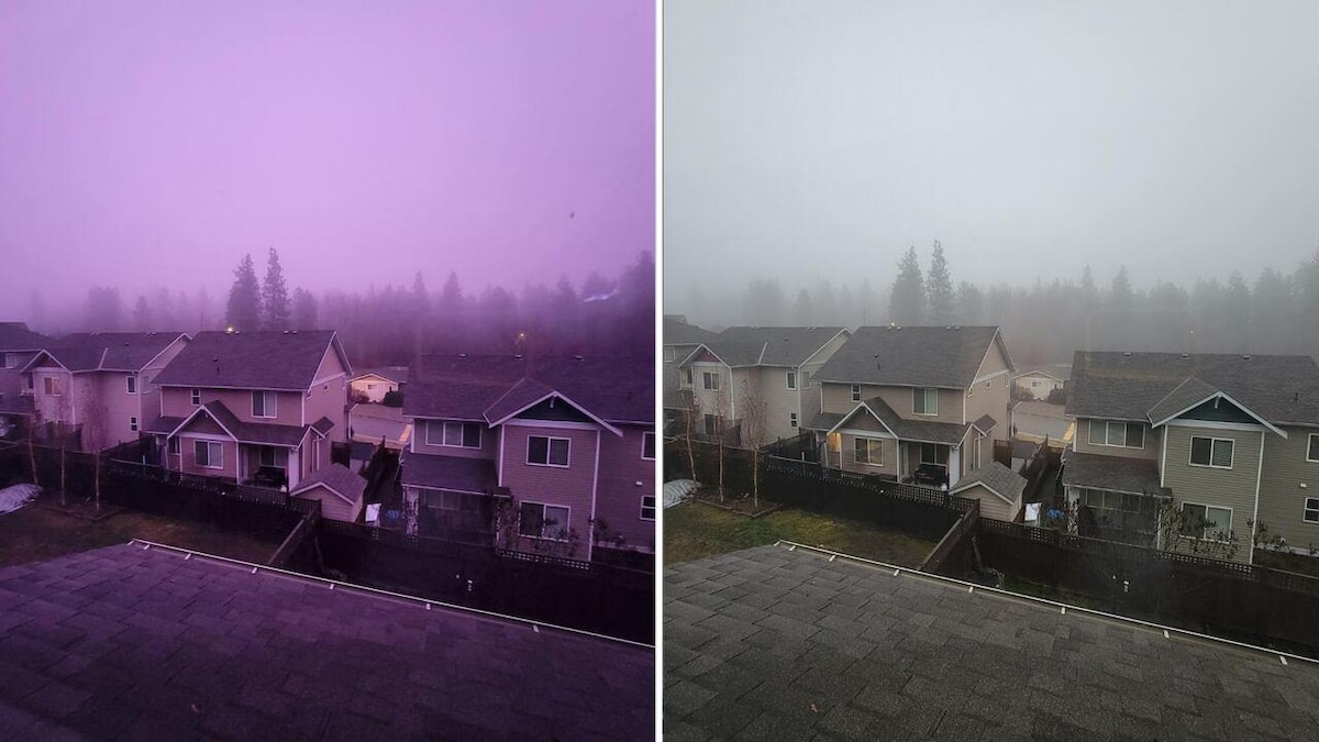 A droite, la photo d'un brouillard rose, à gauche d'un brouillard gris.
