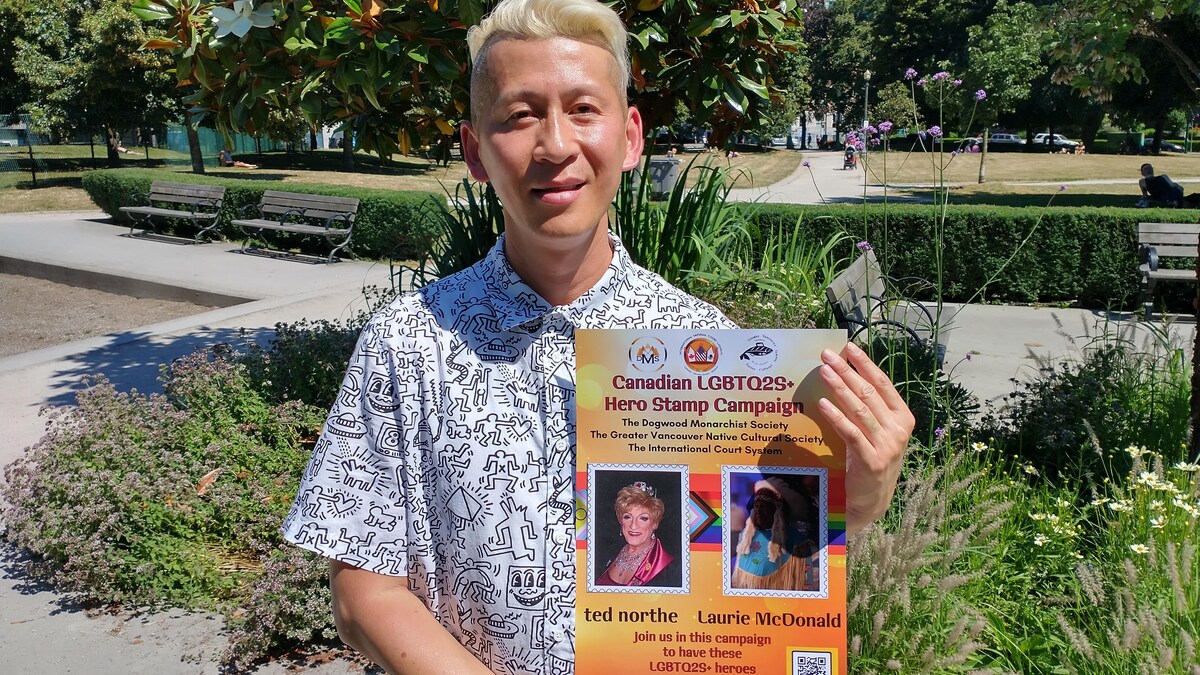 Un homme qui tient une affiche pour une campagne de reconnaissance LGBTQ2S+.