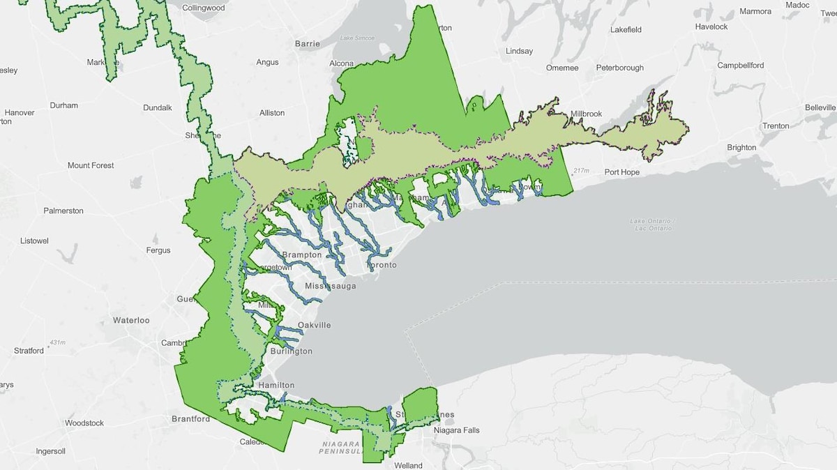 Capture d'écran d'une carte interactive de la province qui montre de vastes espaces verts autour du Grand Toronto.