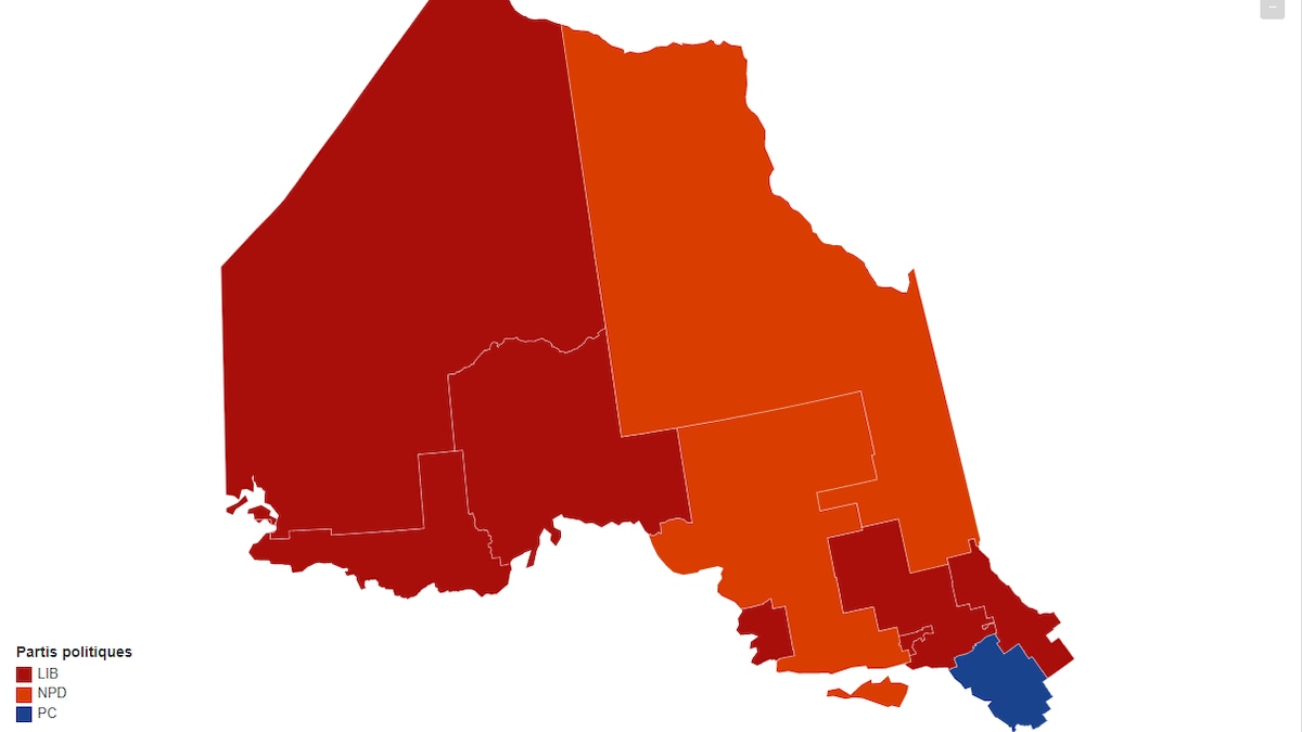 Résultats des dernières élections fédérales de 2015. 7 circonscriptions pour les libéraux. 2 circonscriptions pour le NPD. 1 circonscription pour les conservateurs.