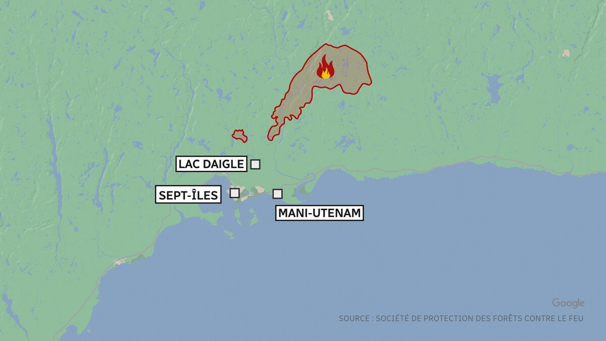 Une carte qui indique Sept-Îles, Lac Daigle et Mani-utenam.
