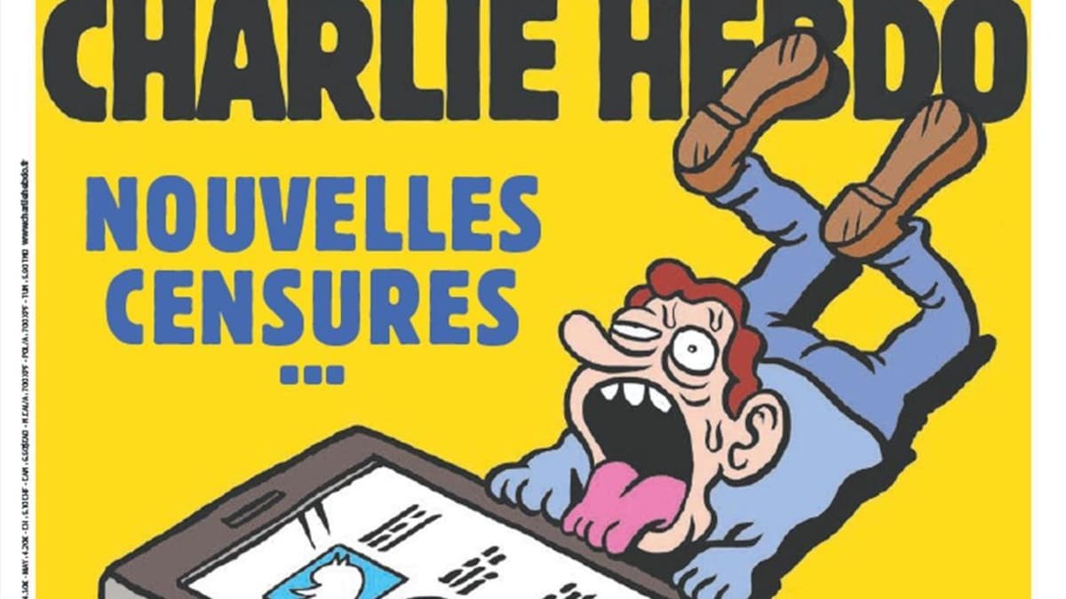 La une du journal représente un téléphone intelligent géant avec les logos de Twitter, Facebook et WhatsApp qui écrase la langue et les bras d’un dessinateur. 
