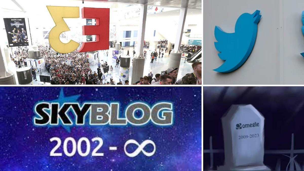 Montage de photos montrant les logos de l'E3, de Twitter, de Skyblog et d'Omegle. 