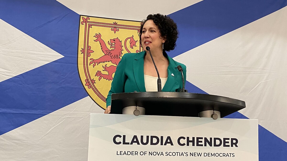 Claudia Chender parle au micro devant un grand drapeau de la Nouvelle-Écosse.